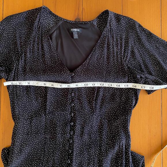 Express V-Neck Front Button Midi Dress Black White Spot Romantic Flutter Sleeve - Picture 10 of 12